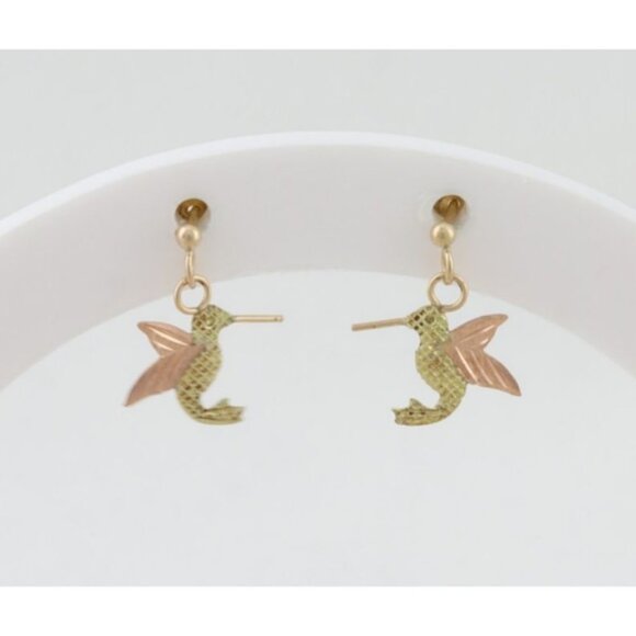 10k Yellow Gold Black Hills Gold Hummingbird Earrings Dangle Drop 1/2" x 3/8" - Picture 1 of 7